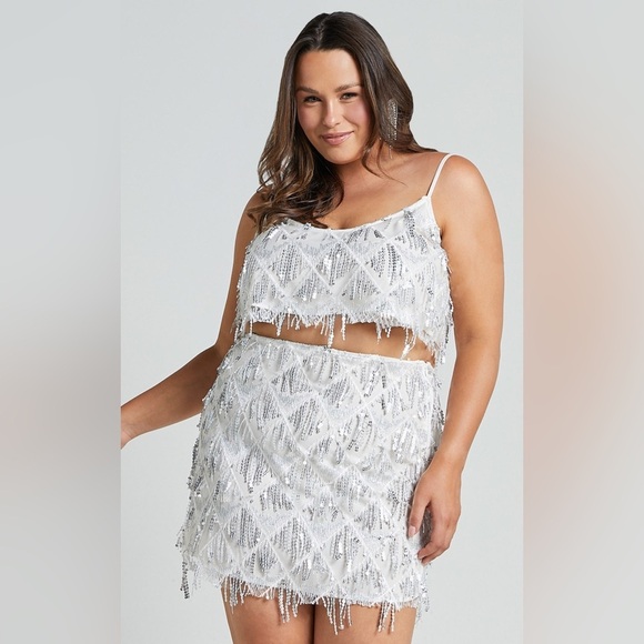 Showpo. Khrizza white silver sequin diamond mesh party/ costume mini skirt 14 - Picture 3 of 12
